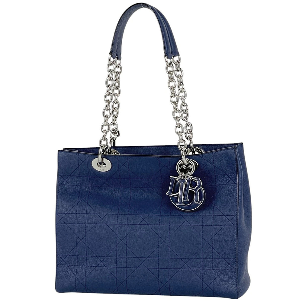 Christian Dior Cannage Quilted Chain Handbag Tote Bag Leather Blue